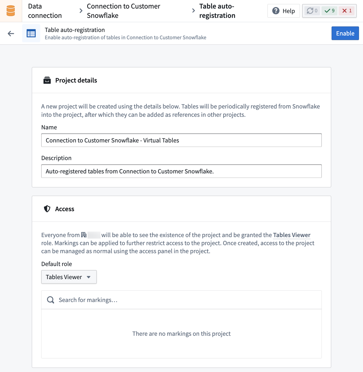 Virtual table auto registration screen