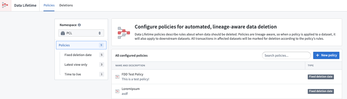 Data Lifetime policy view