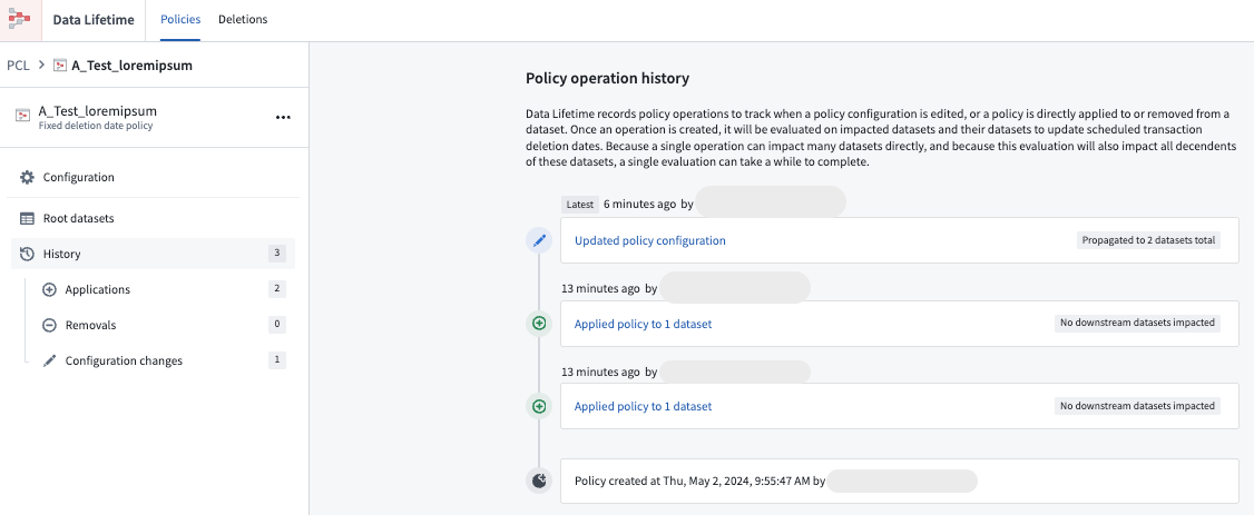 View policy changes from the History tab.