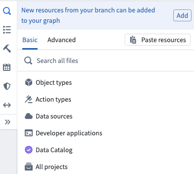 Search panel callout offering to add all entities modified on the selected global branch to the lineage graph.
