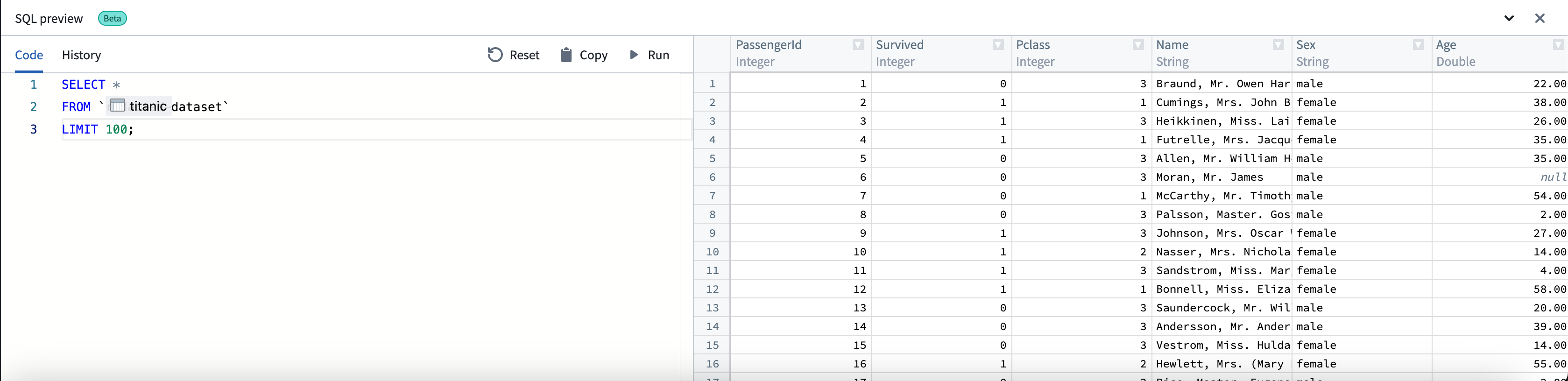 The code editor tab in SQL preview.