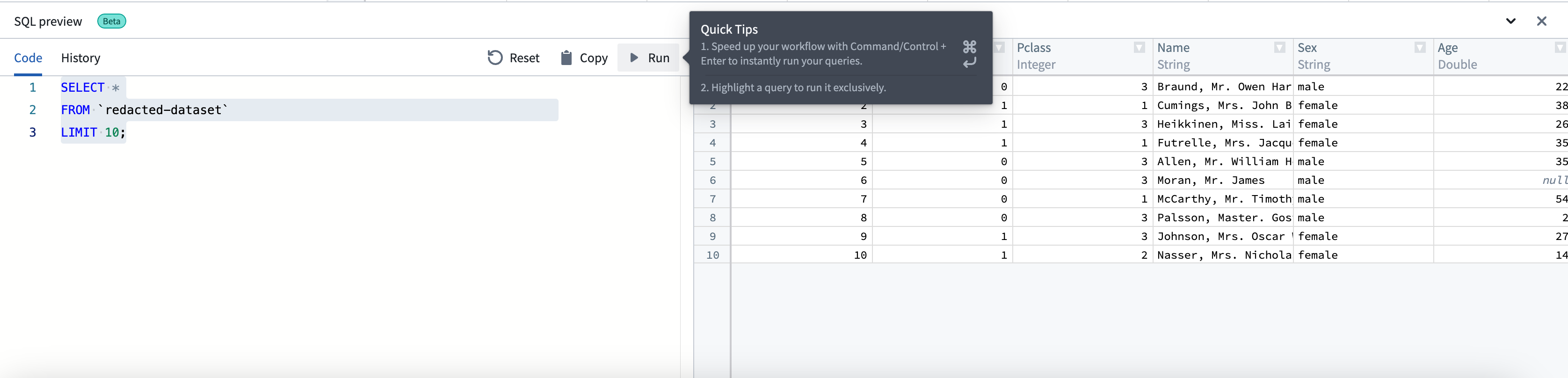 A highlighted query to run in SQL preview.