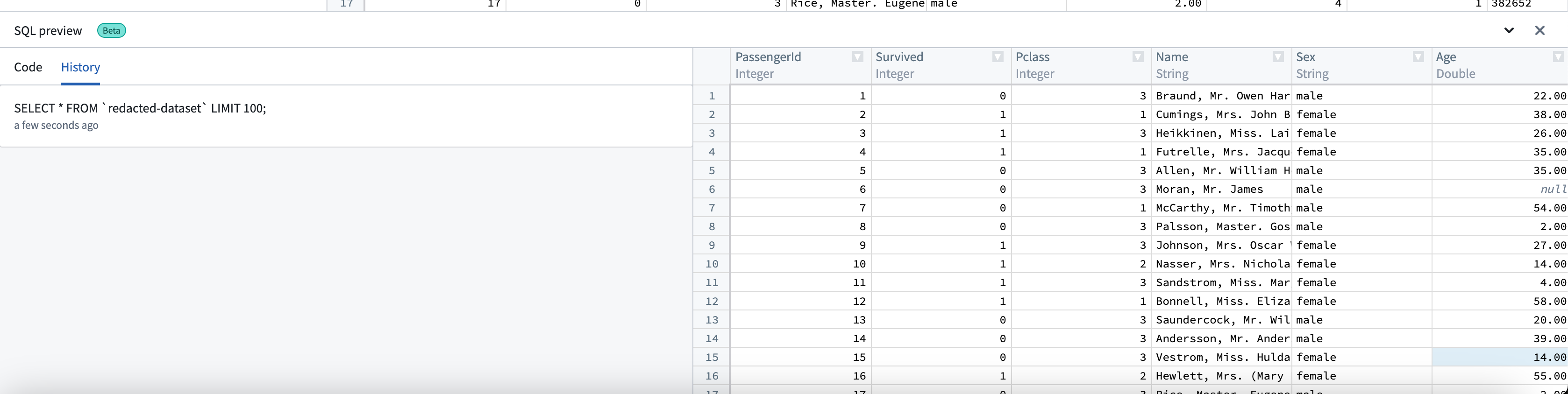 The History tab in SQL preview, showing a previously run query.