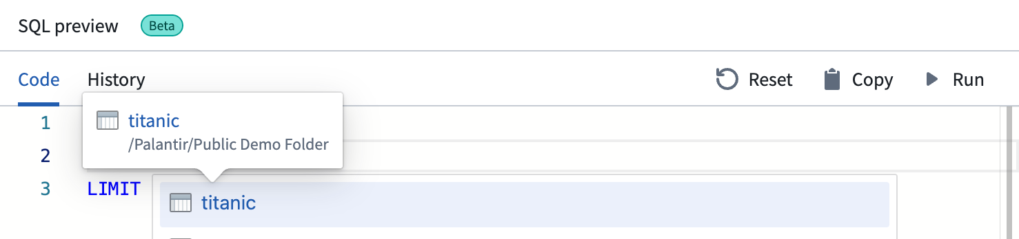 Hovering over the "titanic" dataset name to view the resource path of the dataset.