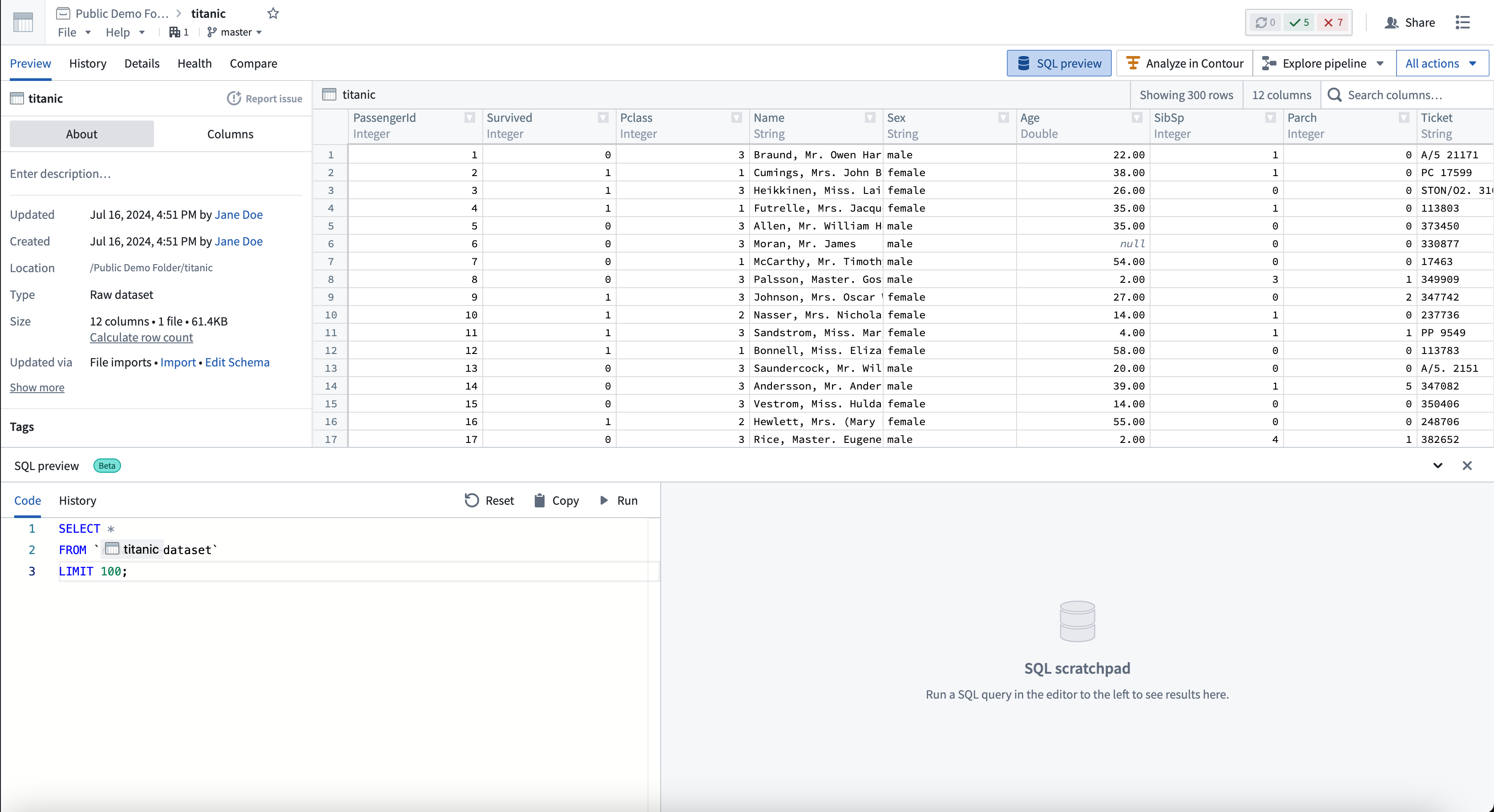 The SQL preview feature in a dataset preview.