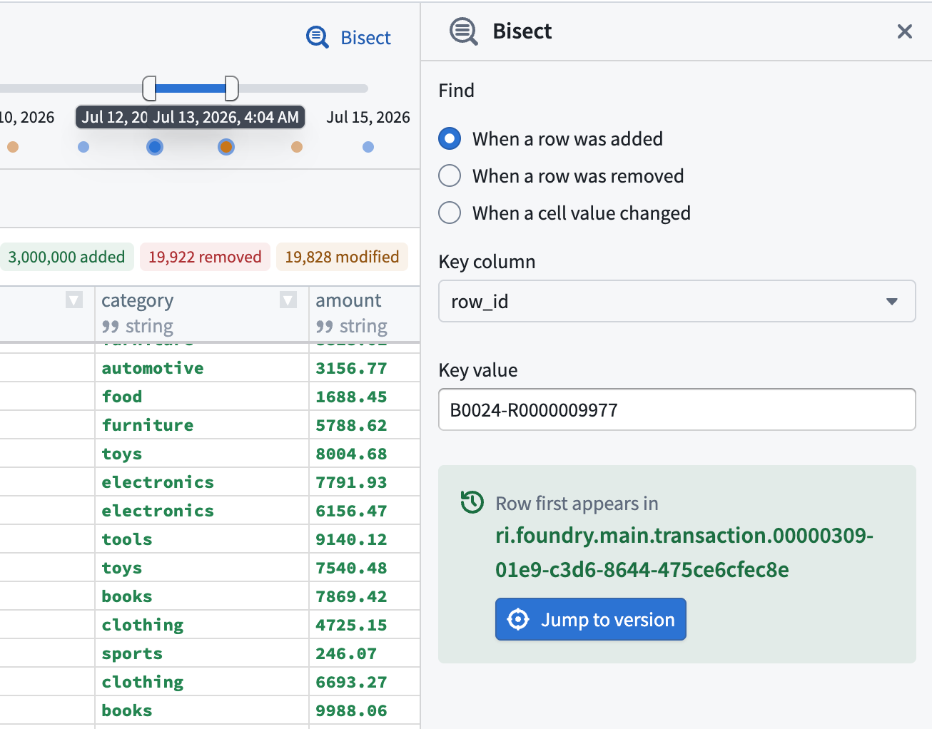 The Bisect panel, used to search version history for when a row or value changed.