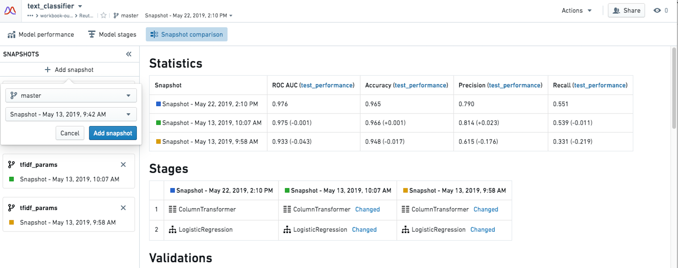 Snapshot comparison page