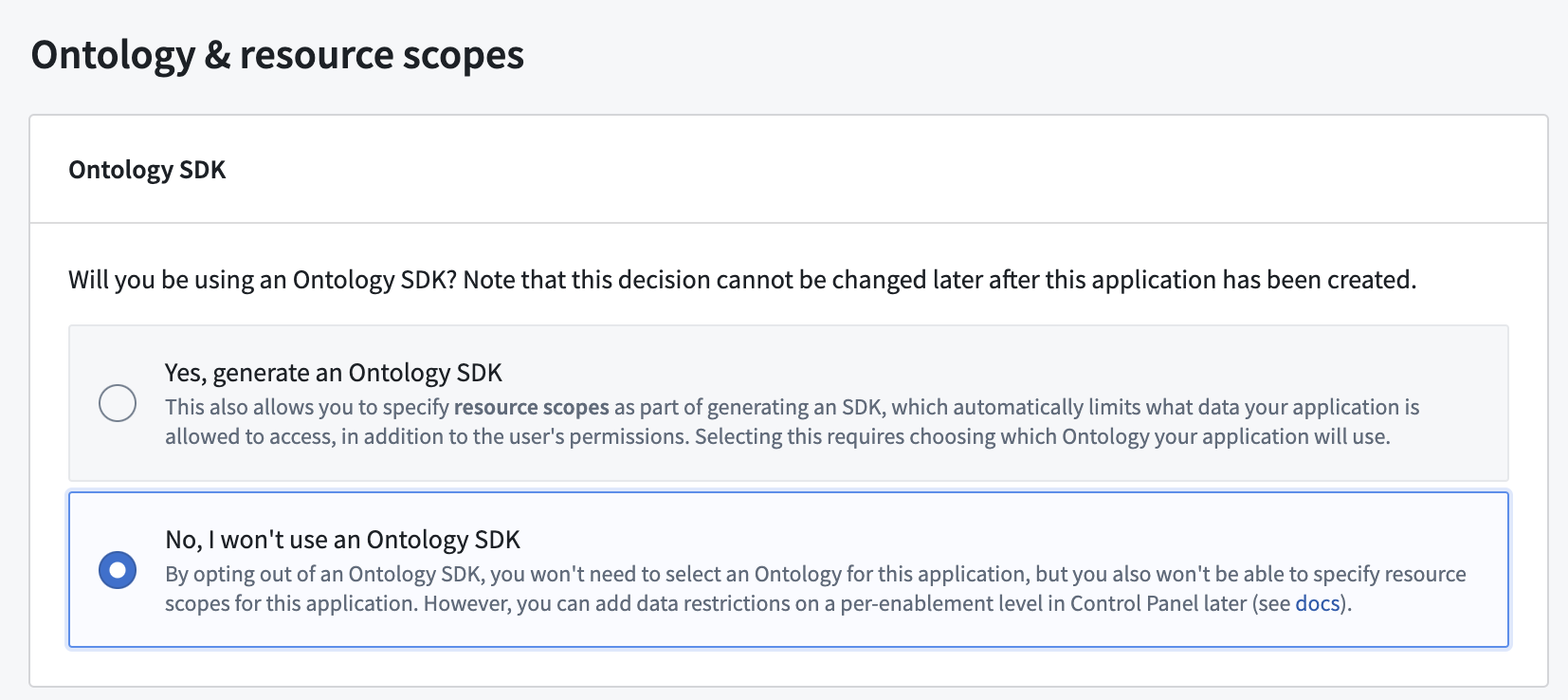 The resources page shows the option to skip Ontology SDK generation.
