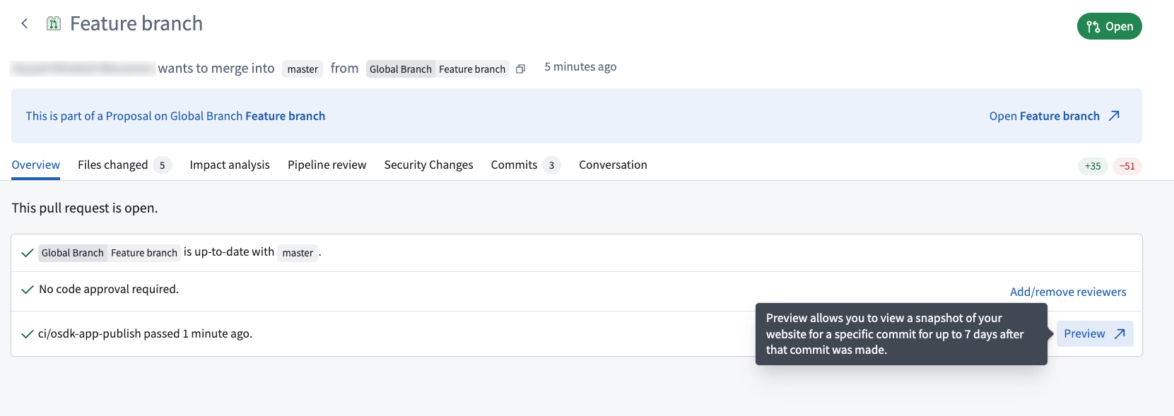 The source code pull request includes a Preview link beside the successful application publish check.