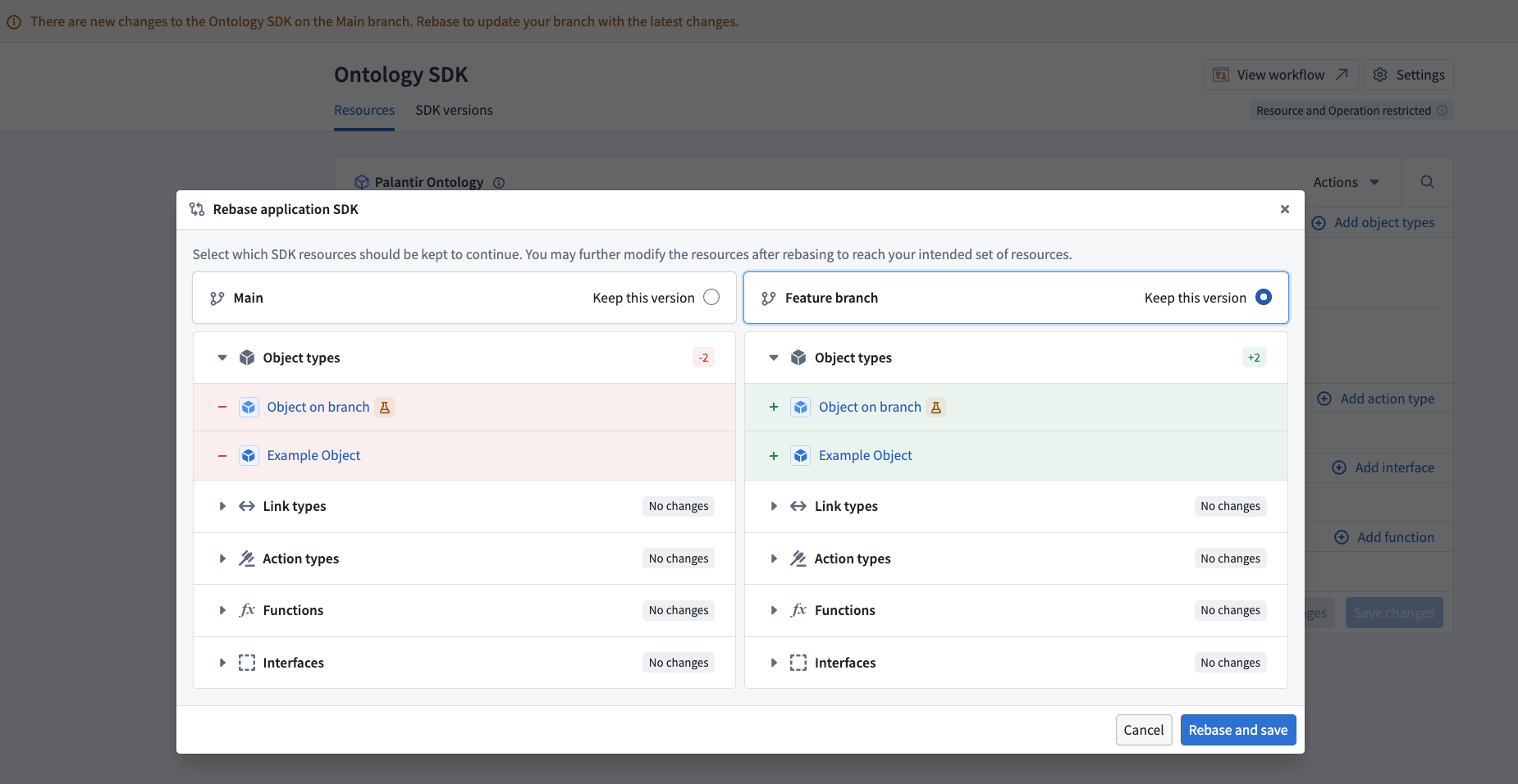 The Rebase application SDK dialog compares SDK resources on main and the current branch, with options to choose which version to keep.