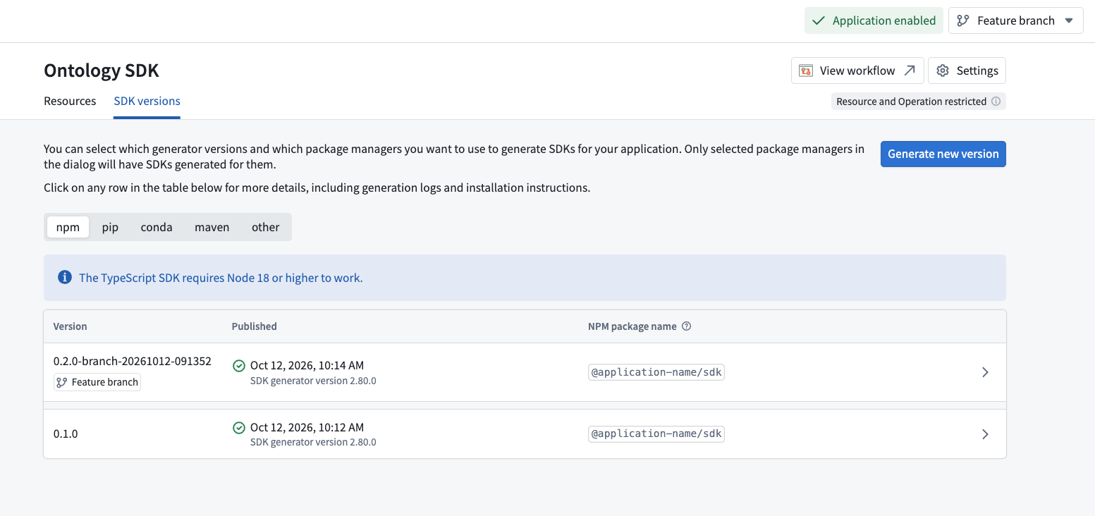 The SDK versions tab displays an npm SDK version generated on the selected global branch.