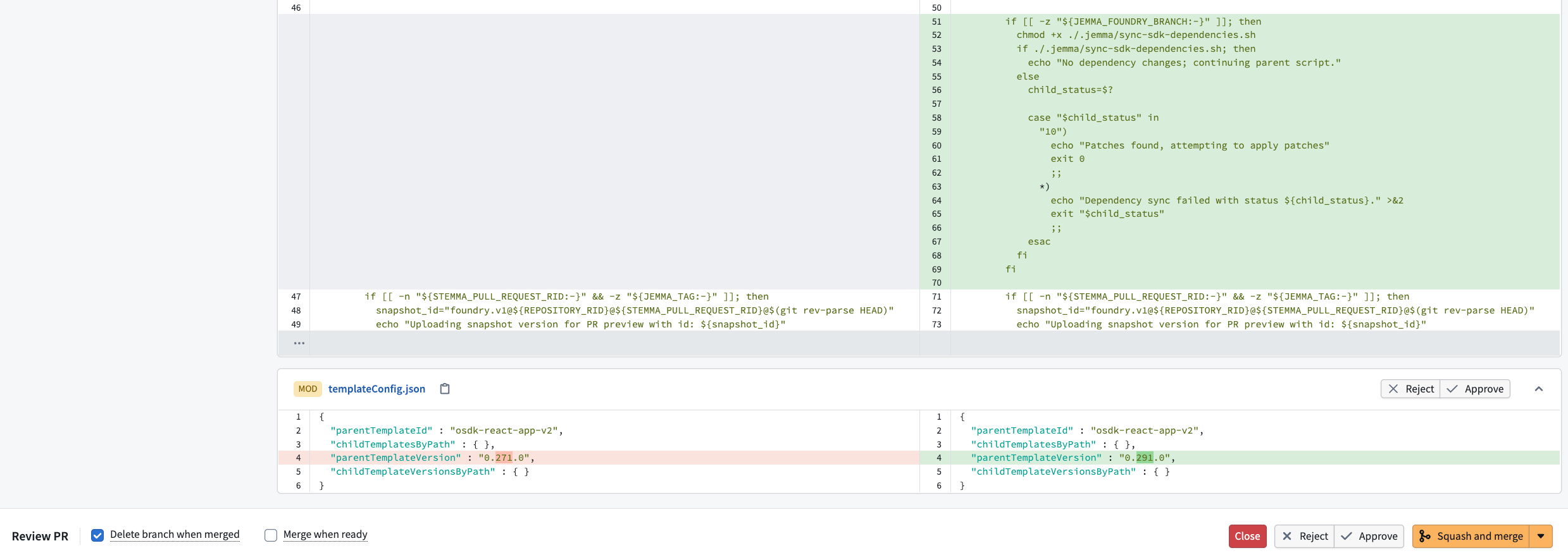 The repository upgrade pull request updates CI configuration and changes the osdk-react-app-v2 template version from 0.271.0 to 0.291.0.