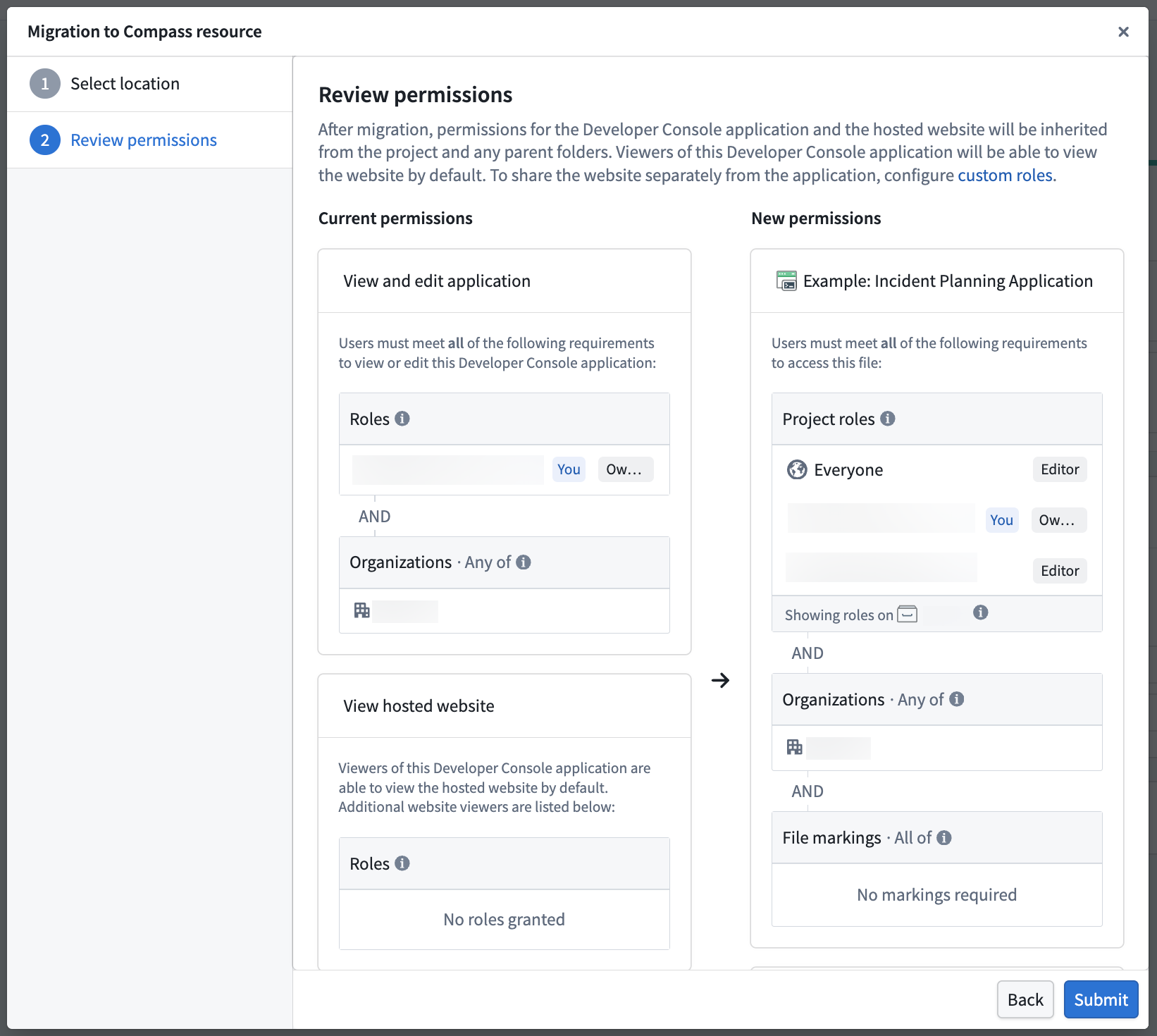 This step of the migration dialog prompts you to review the permission changes.