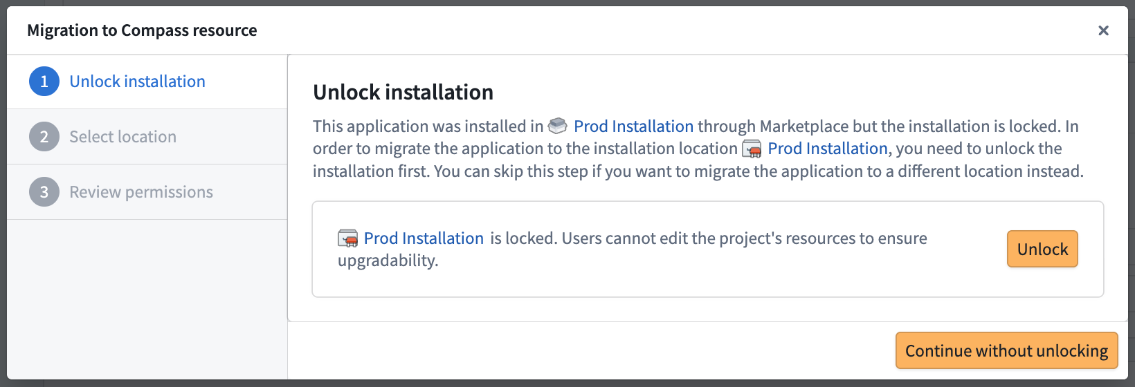 This step of the migration dialog prompts you to unlock the Marketplace installation.