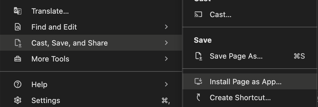 The option to install a page as an app in a browser.