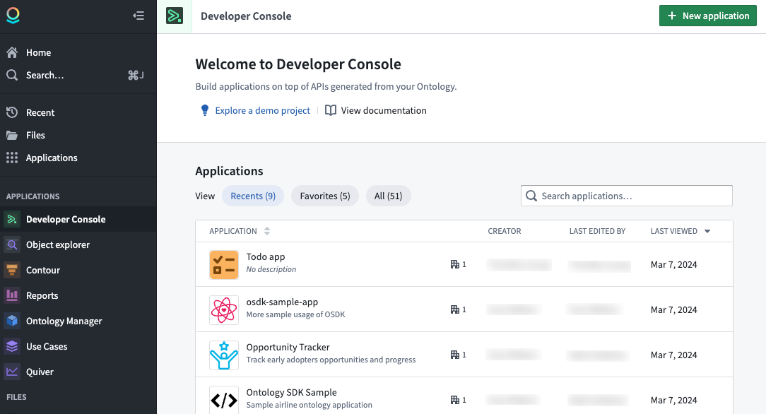 The Developer Console home page lists all applications and OAuth clients.