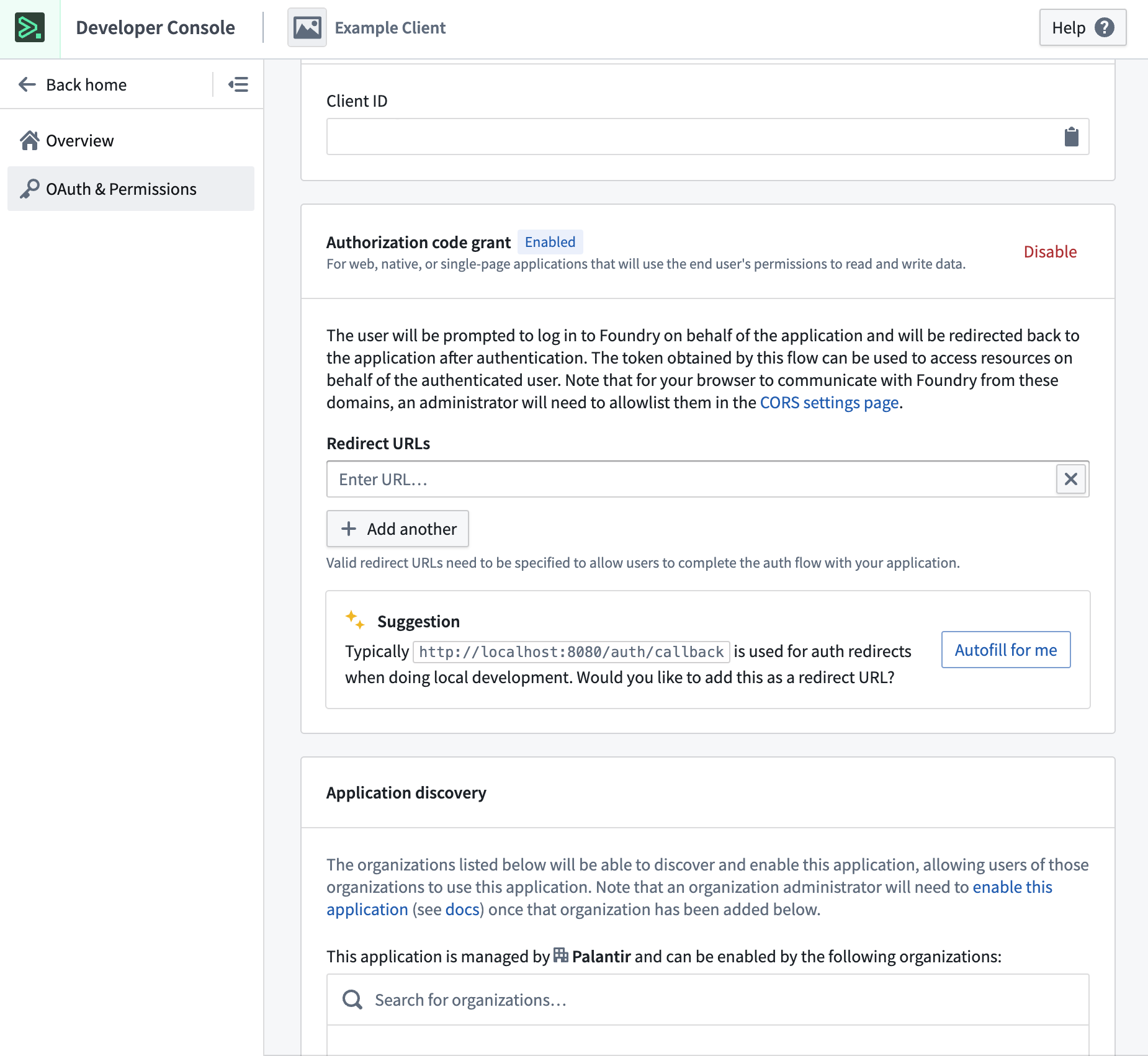 The OAuth and permissions page shows client configuration options.