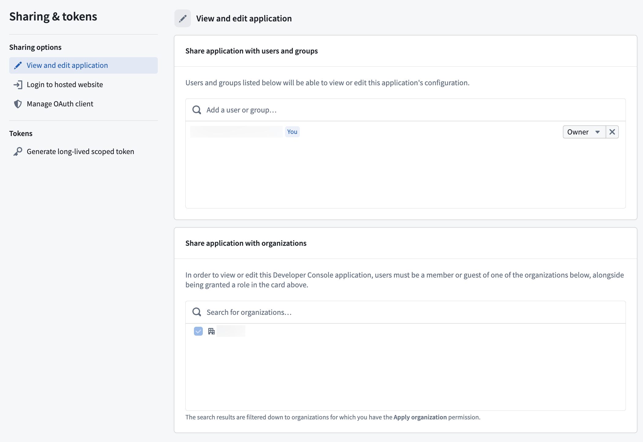 The sharing page for legacy applications allowed you to share the application with users and groups