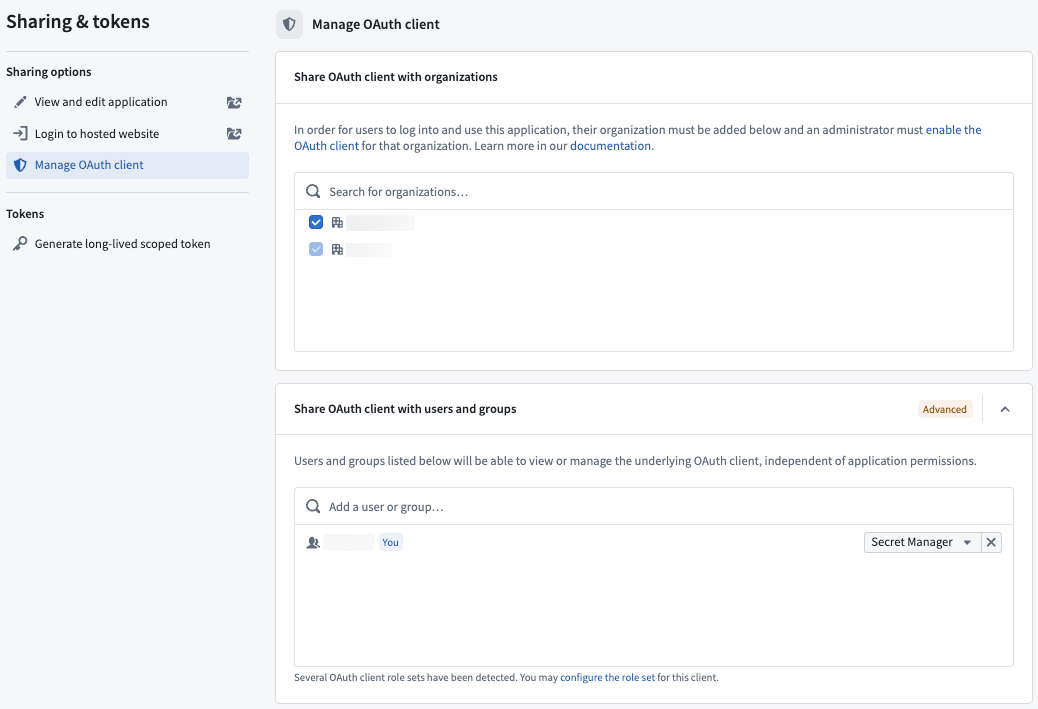 The sharing page allows you to share the linked OAuth client with users and groups.