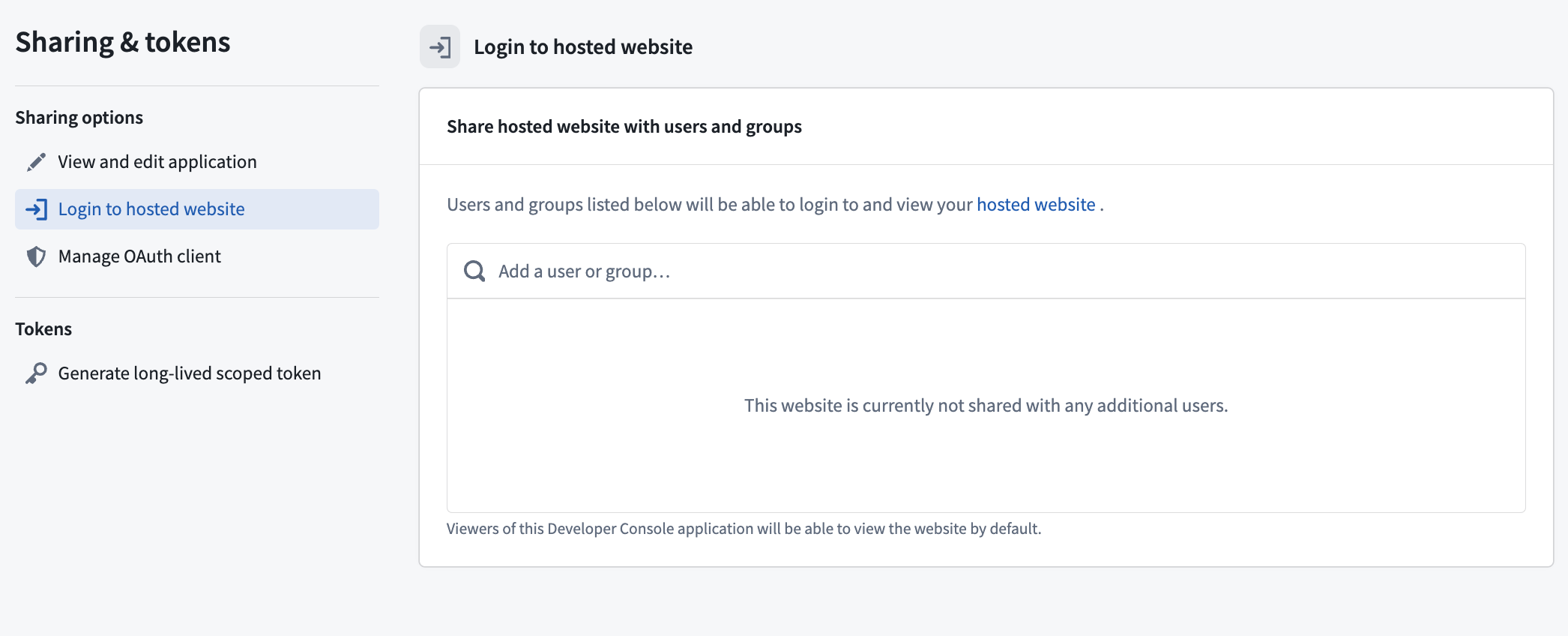 The sharing page for legacy applications allowed you to share the hosted website with users and groups