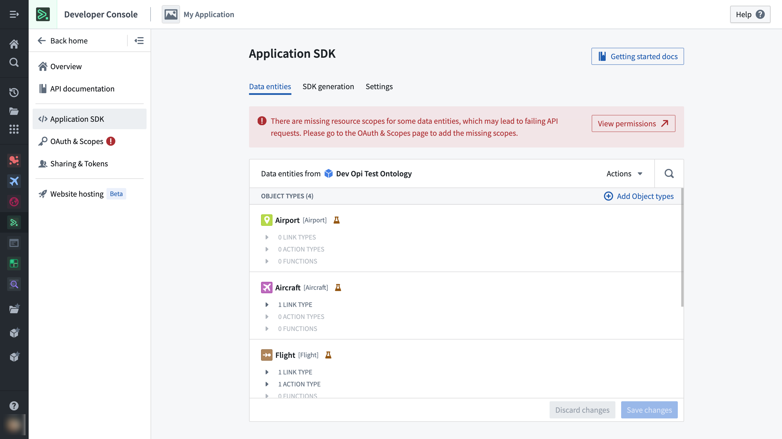 The outdated dependencies warning displays on the Application SDK page.