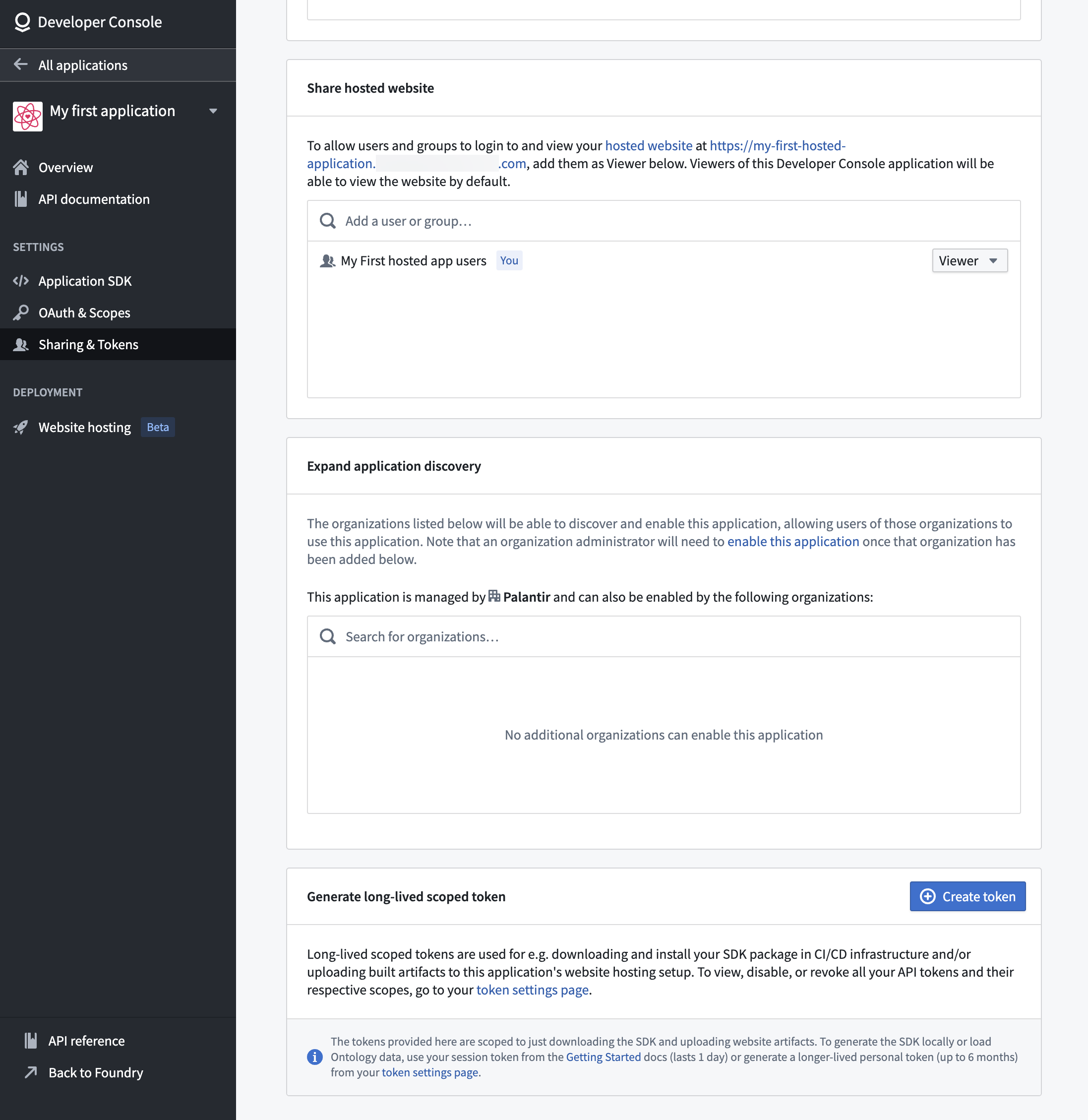 The Sharing and Tokens page displays sharing settings and token generation.