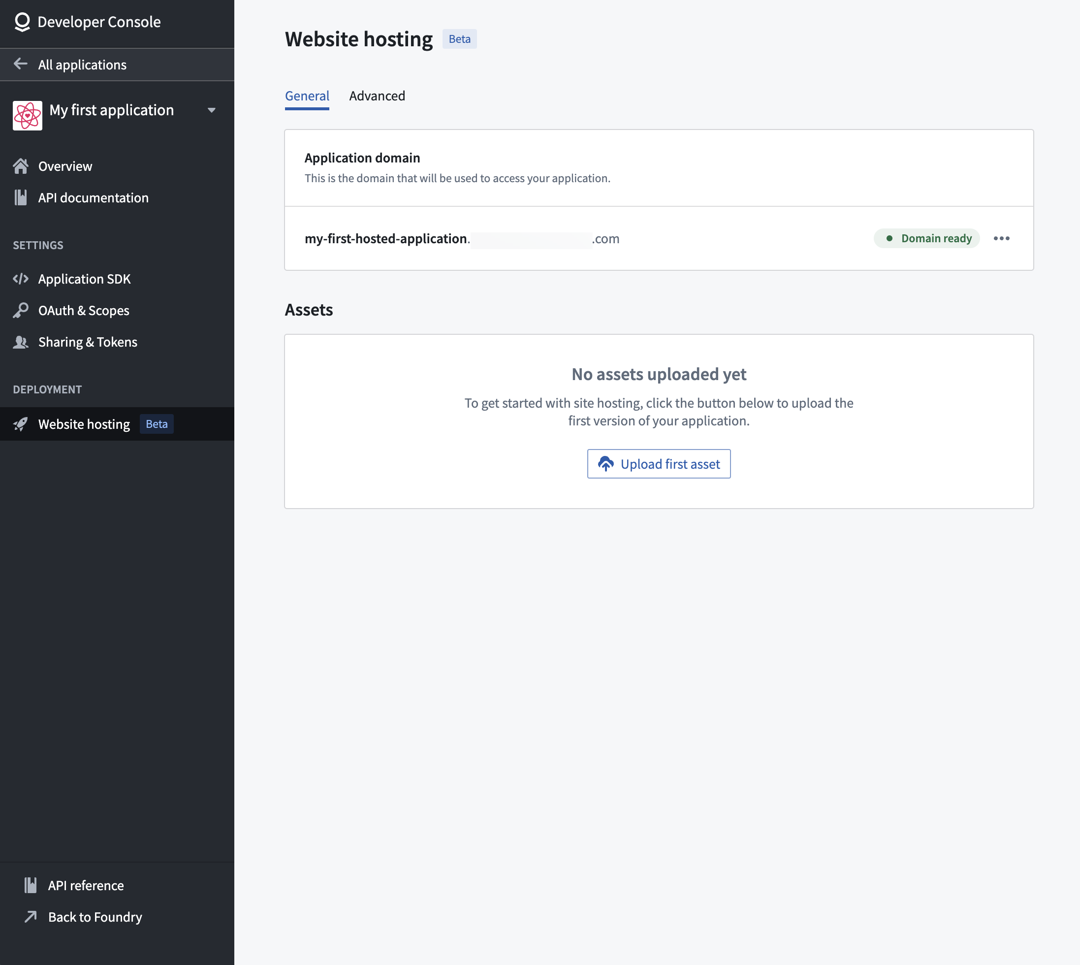 The web hosting page displays deployment options and domain configuration.