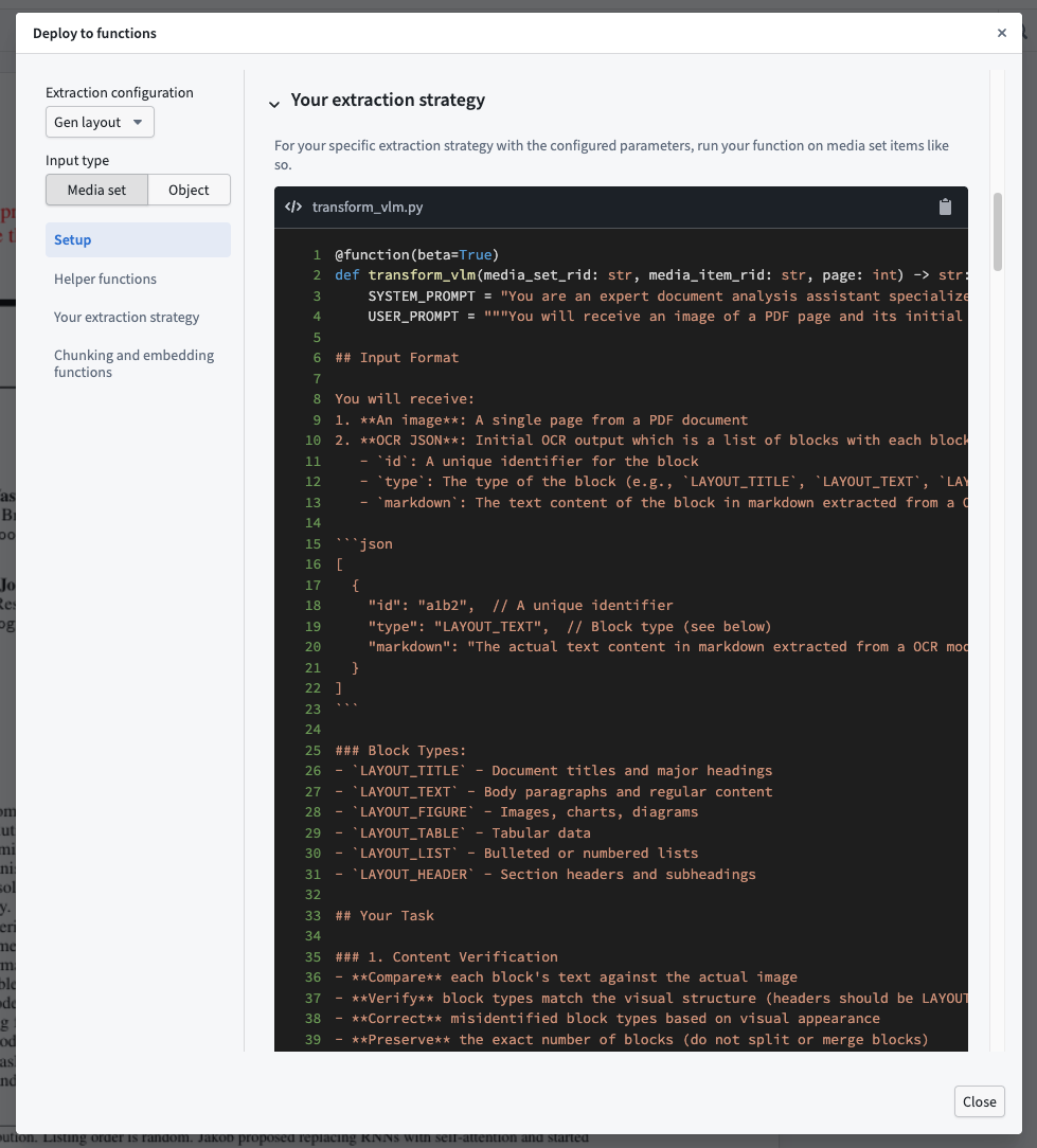 The deployed Python function code shown in the AIP Document Intelligence app.