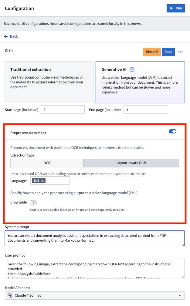 The preprocessing configuration section found in AIP Document Intelligence.