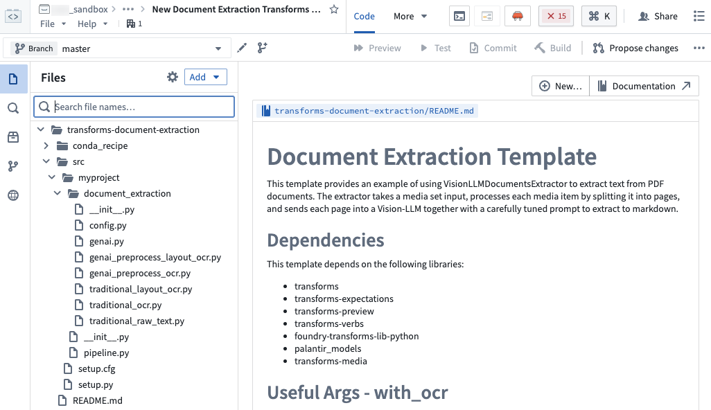 A Python transform repository, preconfigured with an AIP Document Intelligence template.