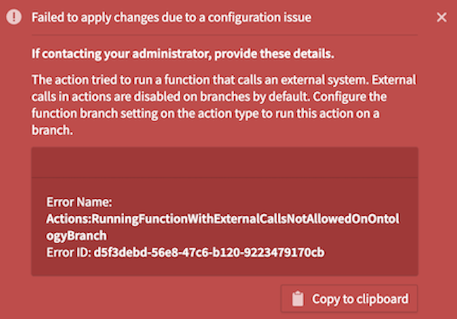 Action failed to execute due to external function call.