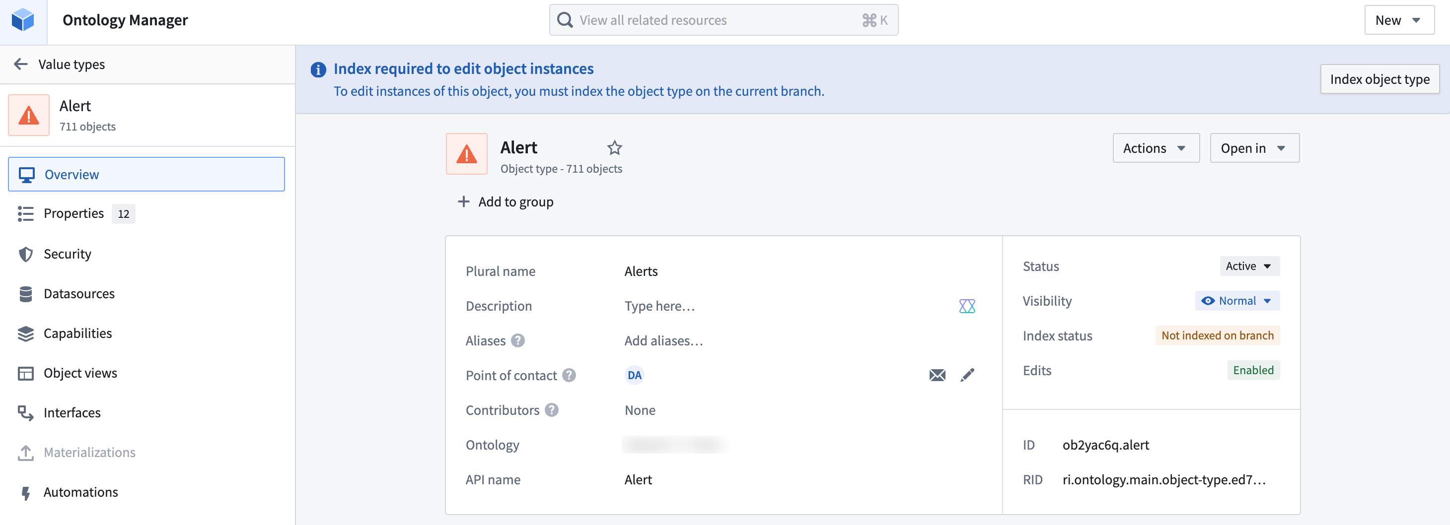 Notification to index is required to edit object instances on a branch on an object.