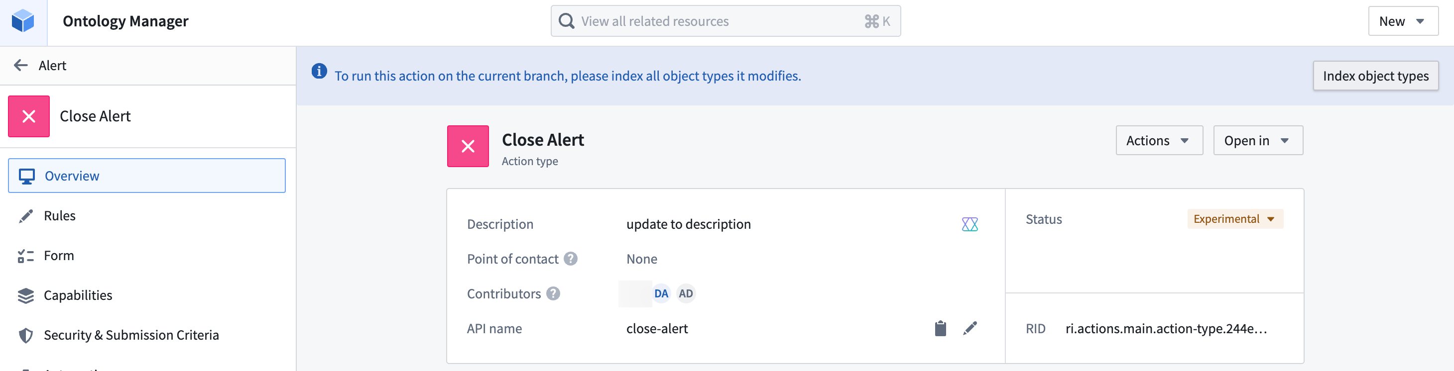 Notification to index is required to edit object instances on a branch on an action.