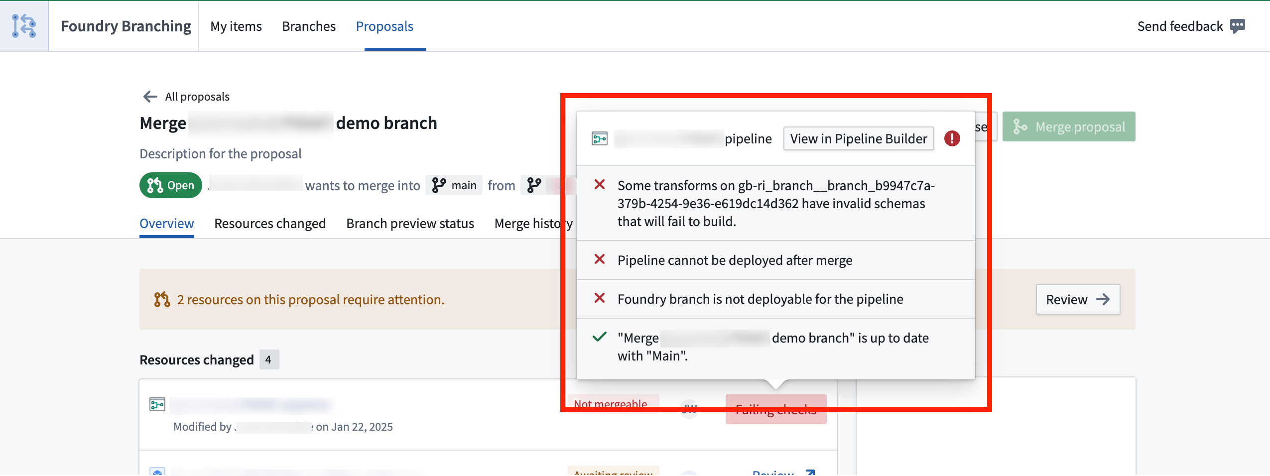 Viewing and resolving merge checks in the Foundry Branching app.