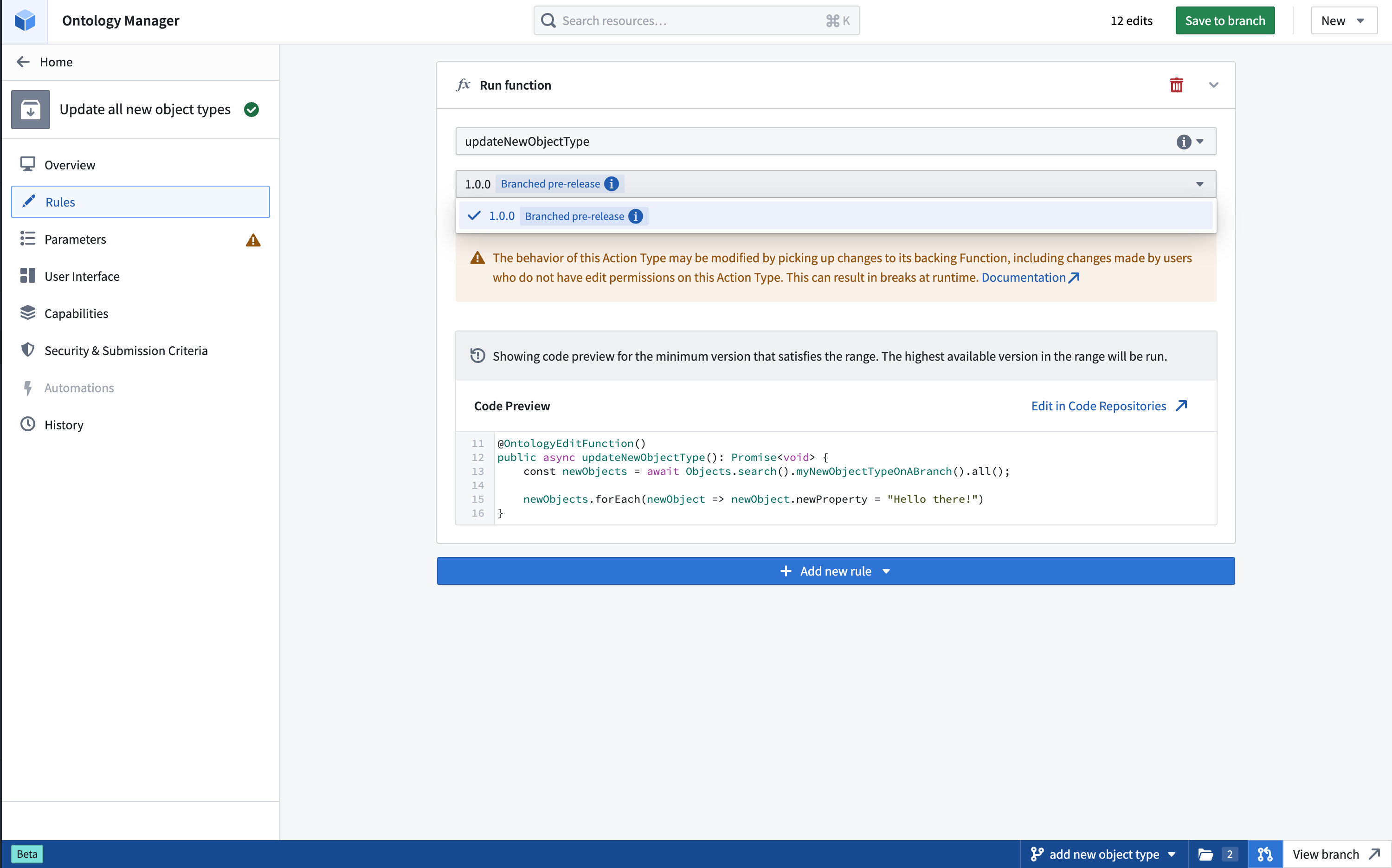 Using a branched function in actions.