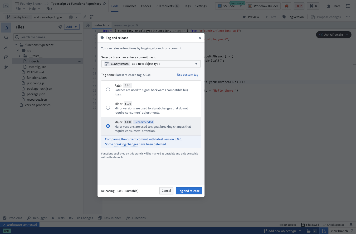 Publishing functions on a branch.