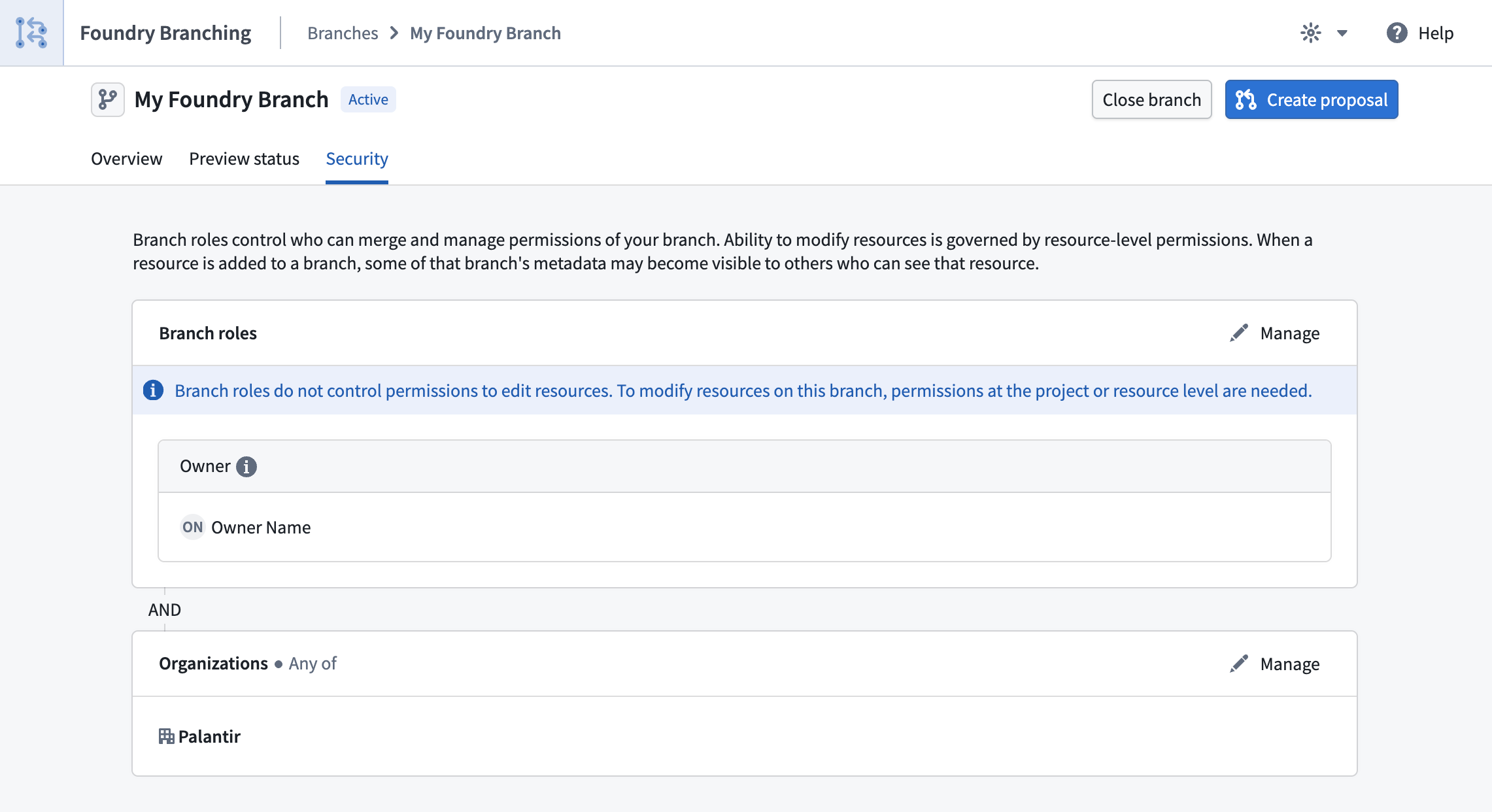 The Security tab on a branch page showing branch roles and organization access settings.