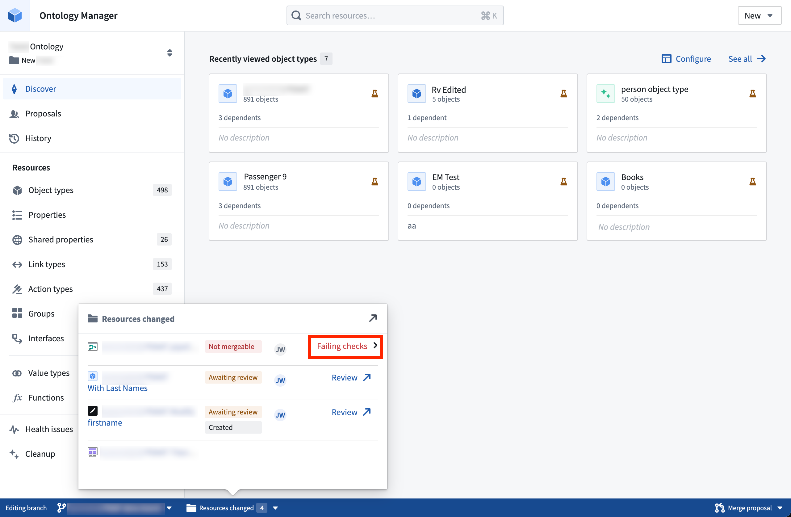 Viewing and resolving merge checks from the branch taskbar.