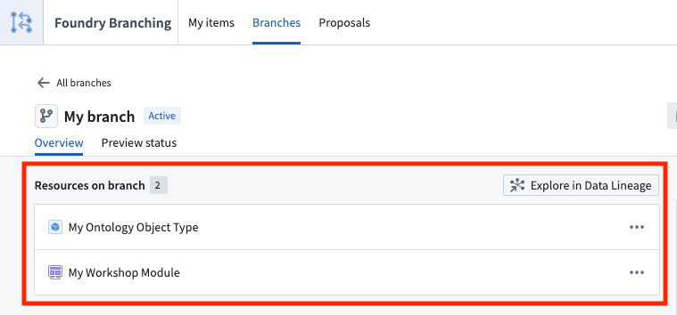 Resources list in the Foundry branching app
