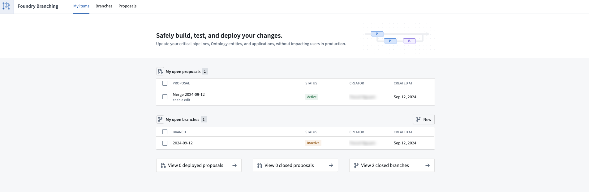 Branching application overview page.