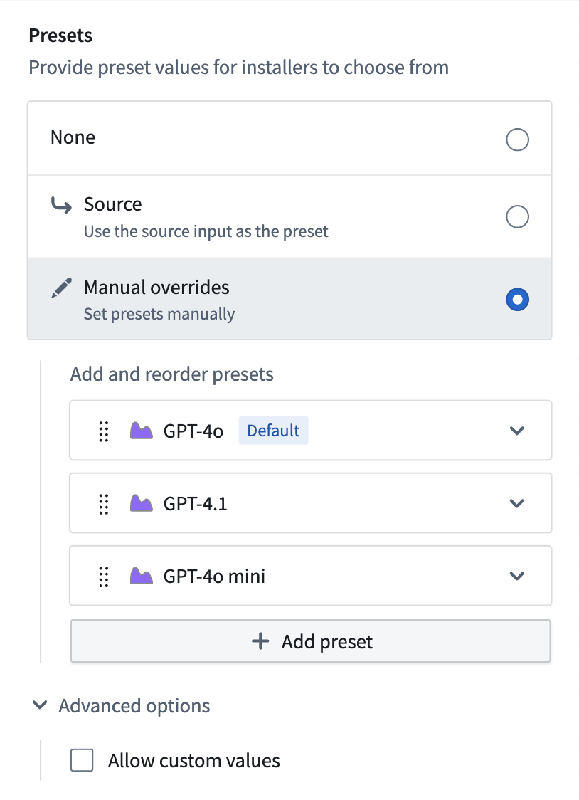 Packaging options for override presets