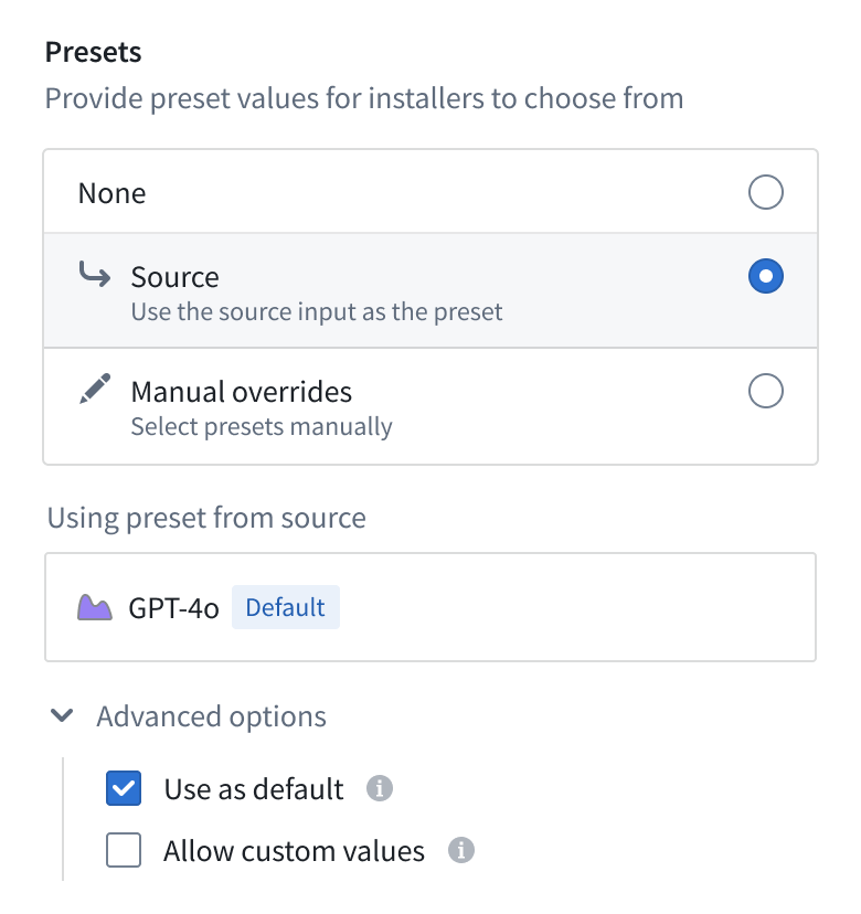 Packaging options for source presets