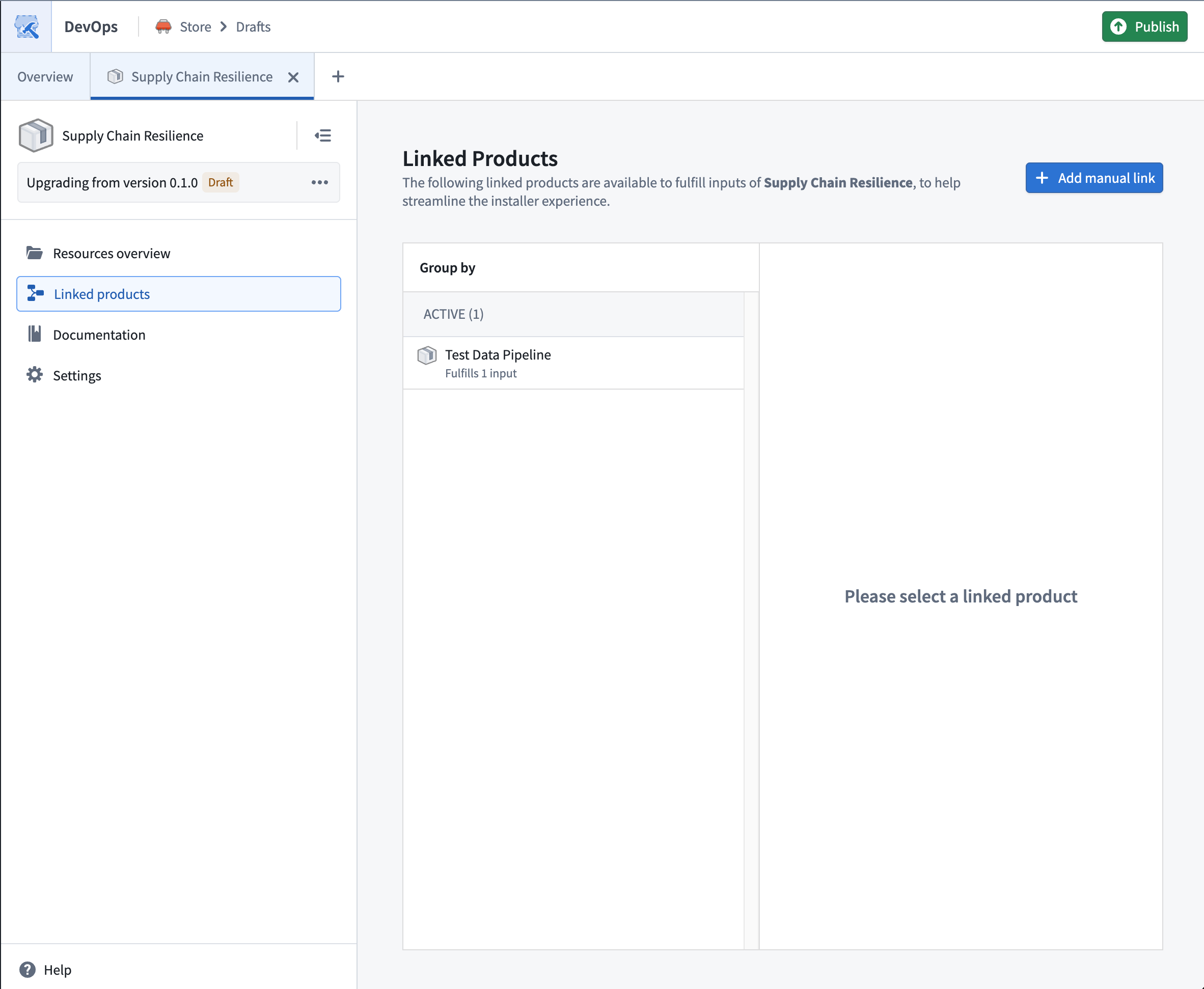 DevOps のリンクされた製品ページにある手動リンクを追加ボタン。