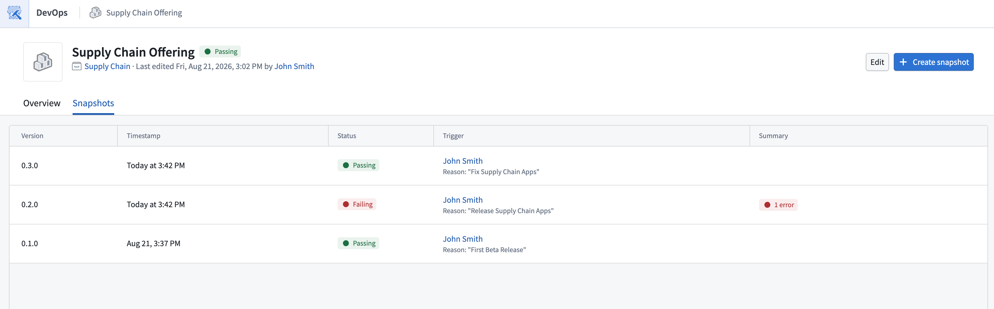 The Snapshots tab lists passing and failing product group snapshots.