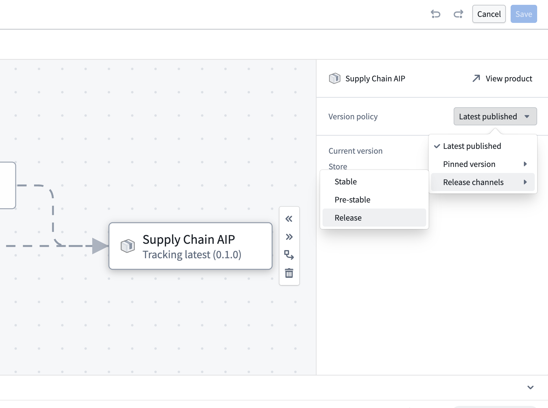 The Version policy menu displays options for the latest published version, a pinned version, and release channels.