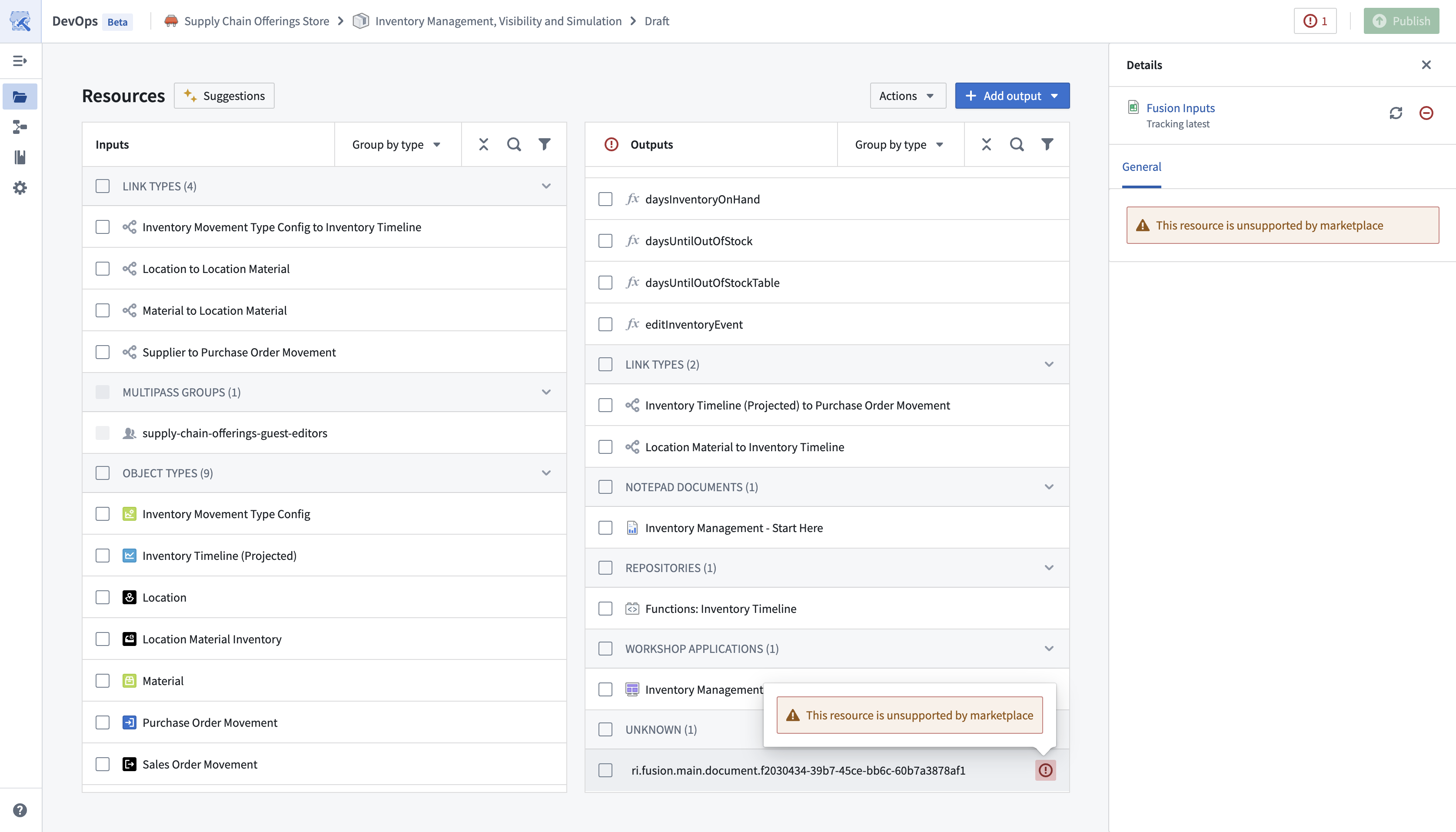 The Resources page displays Unsupported Resources.