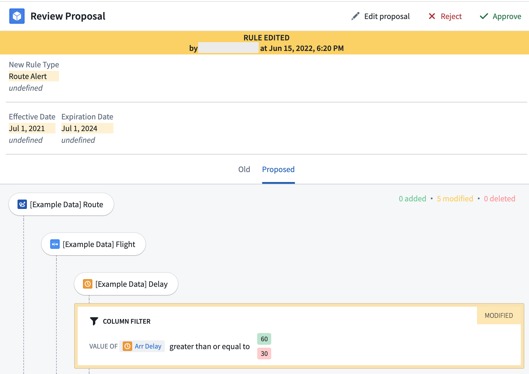 A diff showing the changes to metadata fields as well as rule logic