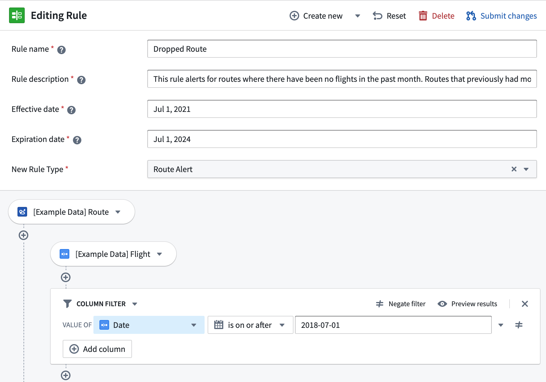 A set of metadata input fields like rule name, workflow-specific input fields like level of suspicion, and logic displaying a simple filter on an object property.