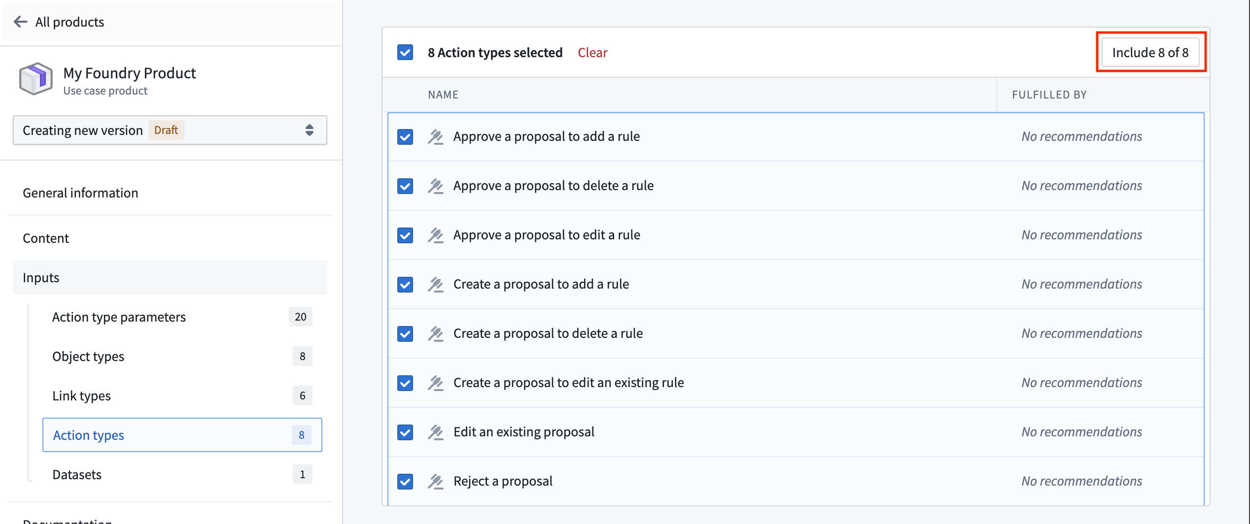 Adding the Foundry Rules generated action types to your product