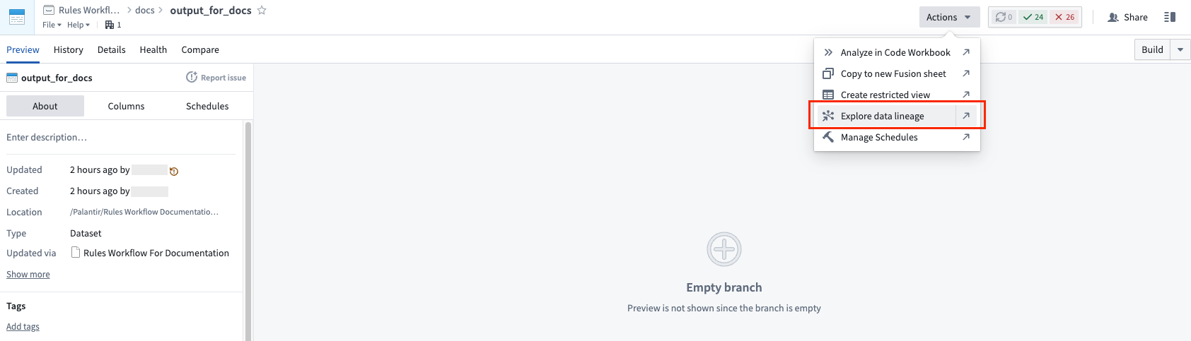 Navigate to Data Lineage for output dataset